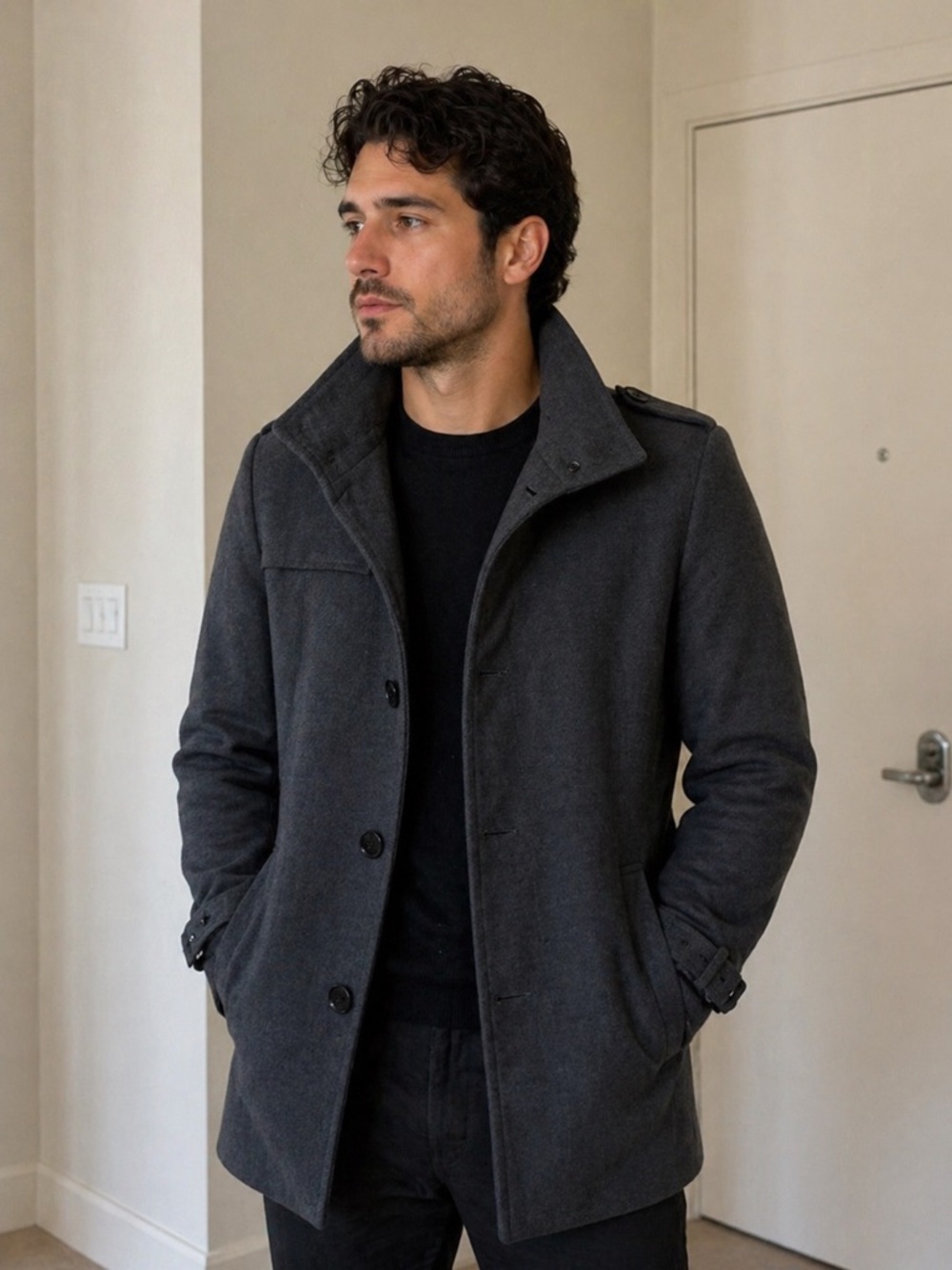 Men's Charcoal Wool-Blend Pea Coat - Unbranded